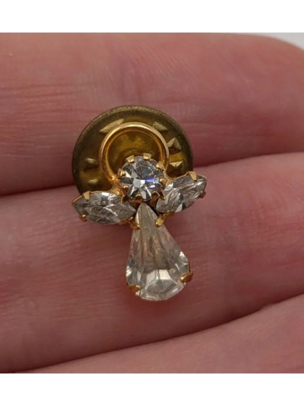 Vintage Rhinestone Gold-Tone Angel Pin Brooch 3/4 Inch Clear Stones